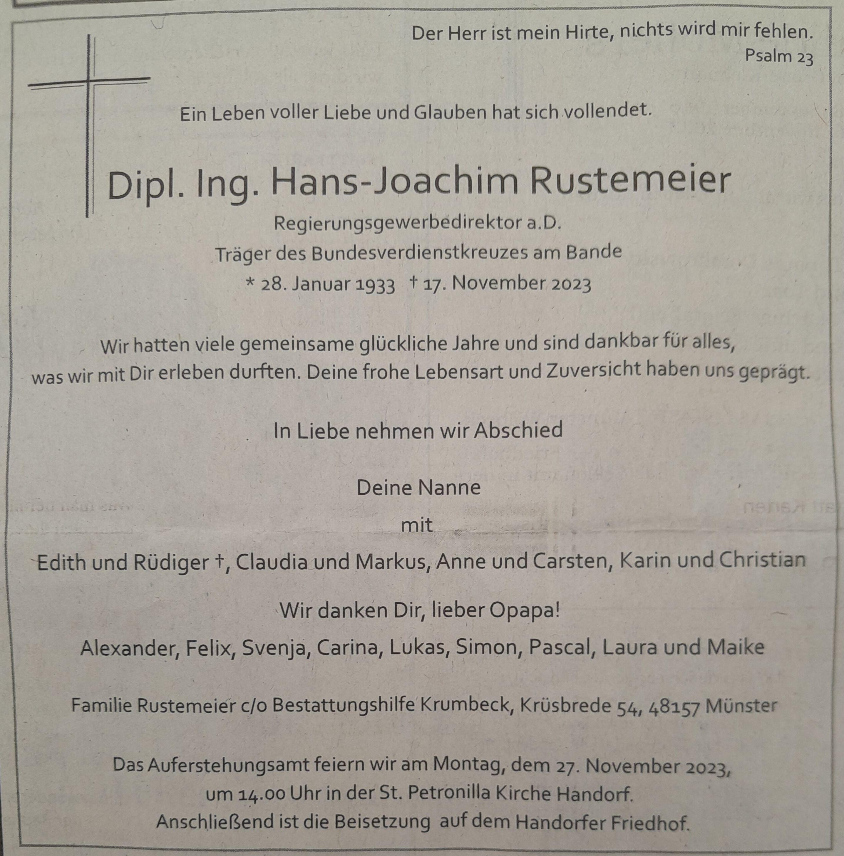 Todesanzeige für Jochen Rustemeier